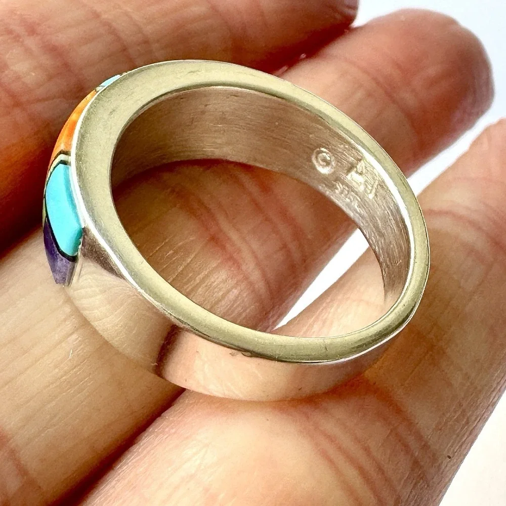 Navajo Inlay Turquoise Opal Multi Wedding Band Ring Sz 11 9mm Mens Signed‎ AT